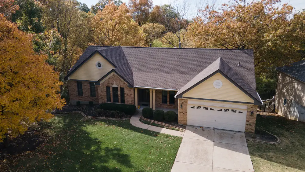 Aerial view of houses with roofing certifications across Missouri, Illinois & Kansas
