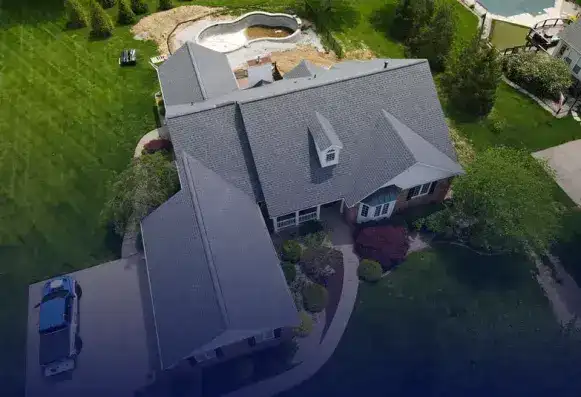 Aerial view of a completed Brandon J Roofing shingle roof replacement on a St. Louis area home