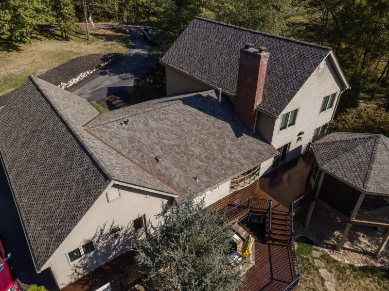 Aerial view of roof fixed by Brandon J Roofing
