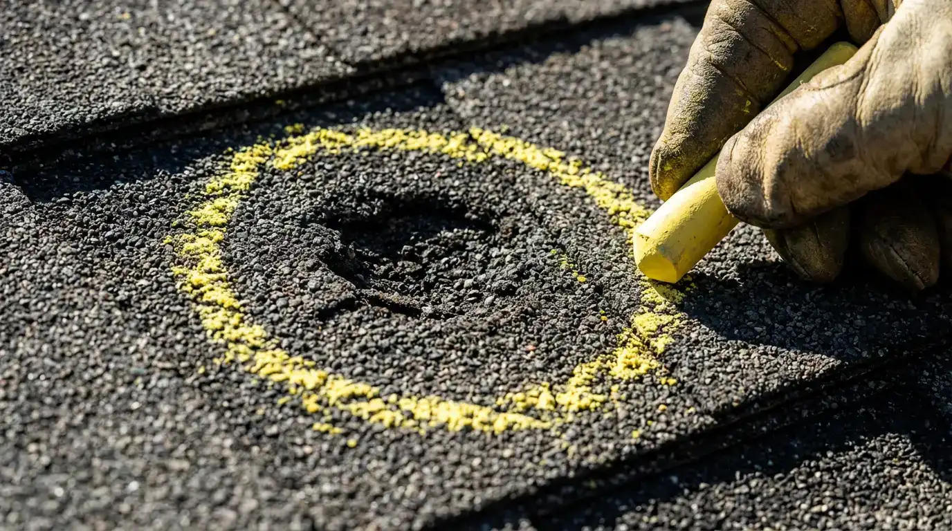 Gloved hand circling a hail strike on a shingle to document damage for an insurance claim