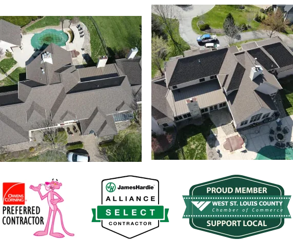 Aerial view of houses with roofing certifications across Missouri, Illinois & Kansas